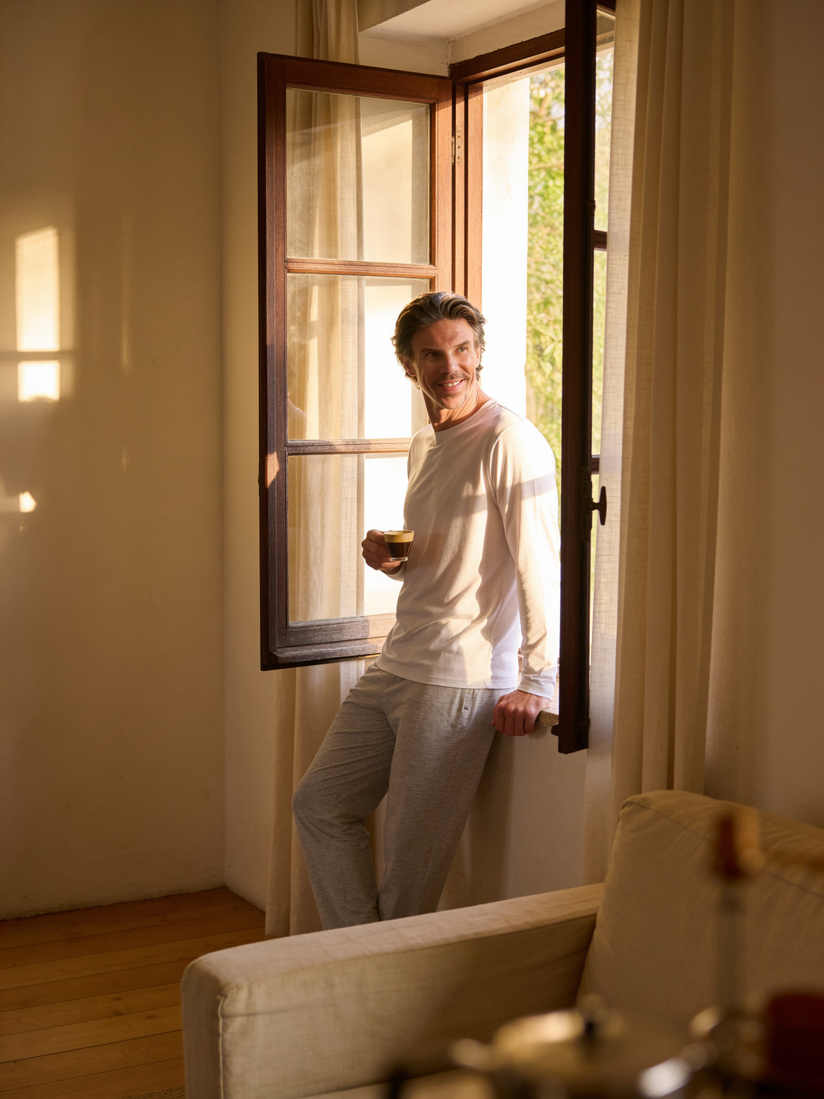 T-Shirt Manica Lunga Uomo in Bambù Fatta a Mano in Italia — Bianco