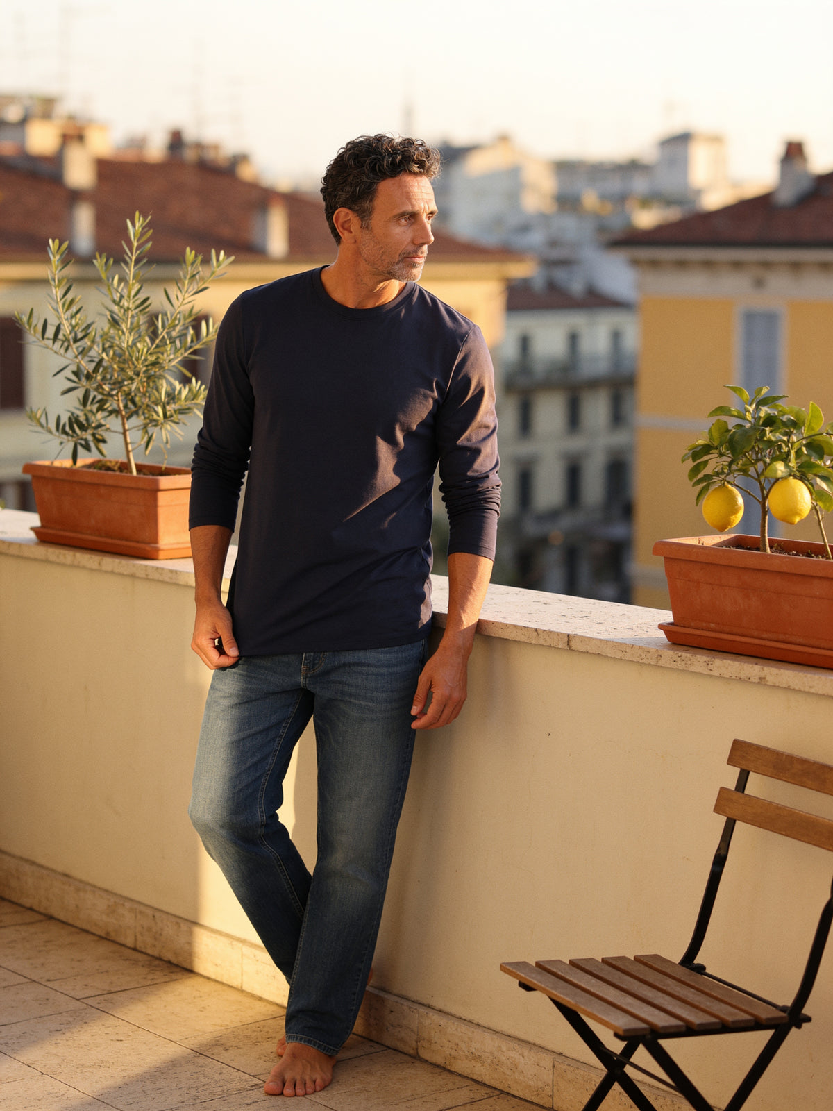T-Shirt Manica Lunga Uomo in Bambù Fatta a Mano in Italia — Blu Navy